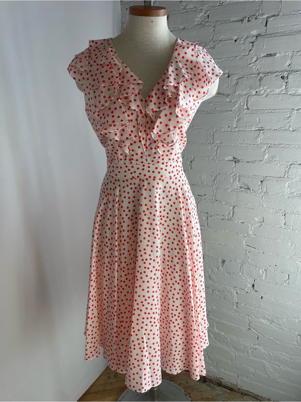 Classic Red Polka Dot Ruffle Midi Dress - White & Red